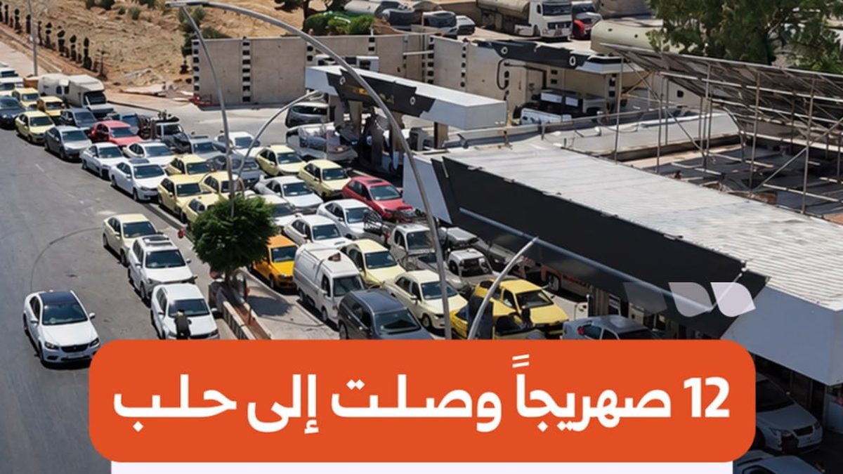 طابير طويلة من السيارات تنتظر دورها أمام محطة وقود في مدينة حلب لملء المازوت