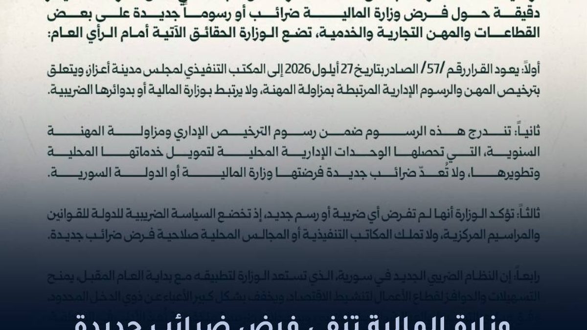 Official statement of the Syrian Finance Ministry denying new taxes and clarifying trade license fees in Azaz