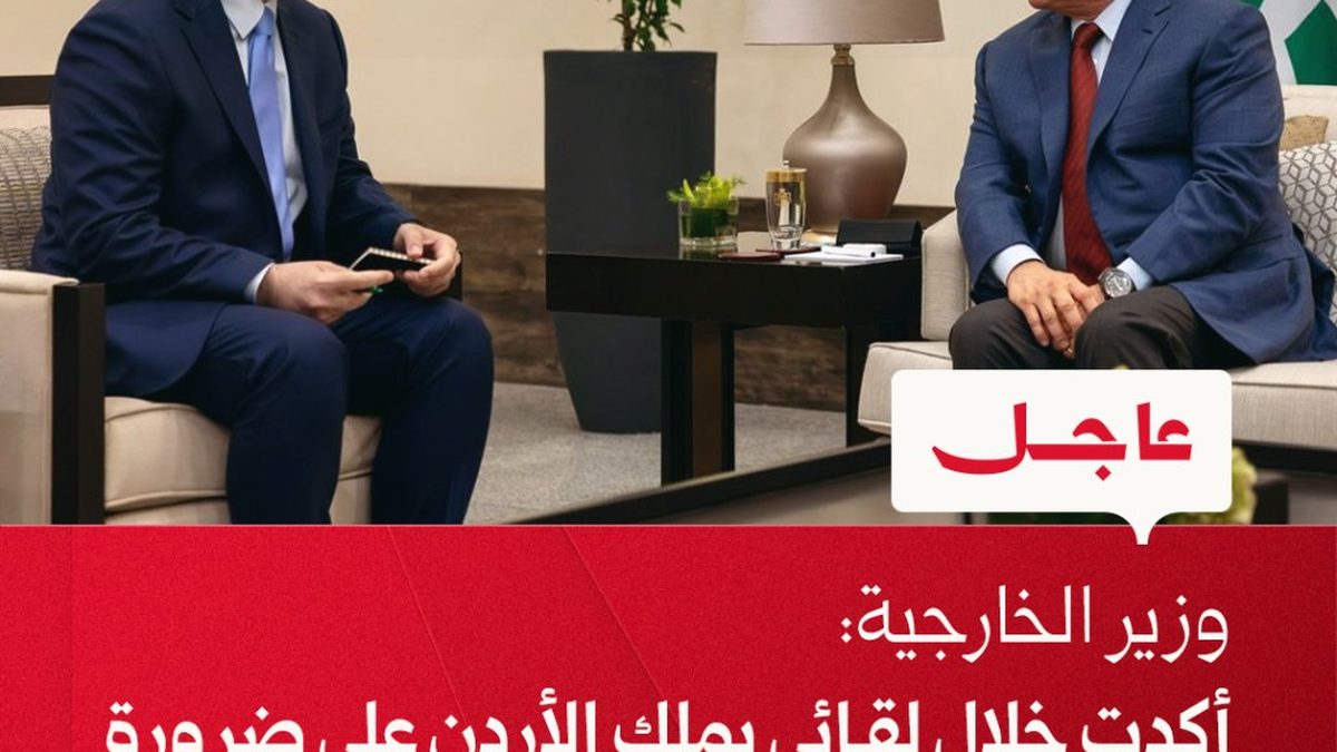 وزير الخارجية السوري أسعد الشيباني خلال لقاء رسمي يصافح مسؤولين أمام أعلام سوريا والأردن